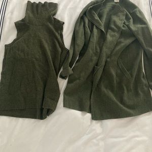 Olive Green sleeveless sweater and cardigan set